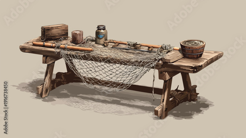 Rustic wooden table displays fishing gear net, rods, bucket, and bait