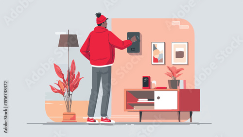 Person in red interacting with a wall-mounted device in a modern room