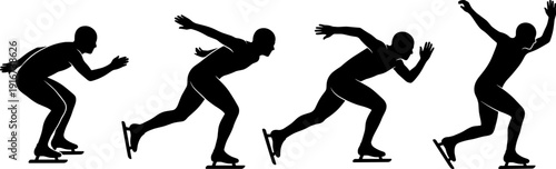 Speed skating silhouette vector set, ice skater athlete motion poses, winter sport racing action illustration isolated black figure collection
