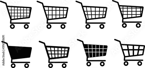 Shopping cart icon set vector, supermarket trolley symbols collection, retail ecommerce basket illustration isolated black silhouette bundle design
