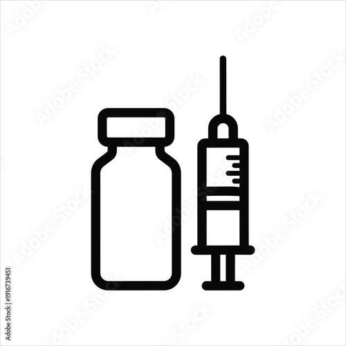 Black outline icon of medical vial and syringe on white background health care