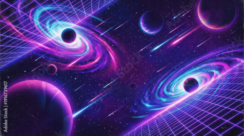Retro-Futuristic Synthwave Illustration of Deep Space with Spiral Galaxies and Neon Grids