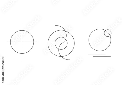 Set Of Abstract Minimalist Geometric Shapes Including Circle Crosshairs Swirl Design And Smaller Circles On Lines For Design Concepts And Graphic