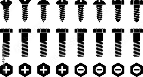 Set of black silhouette screw and bolt icons, symbolizing fasteners, hardware, construction, mechanical tools, and DIY design motifs