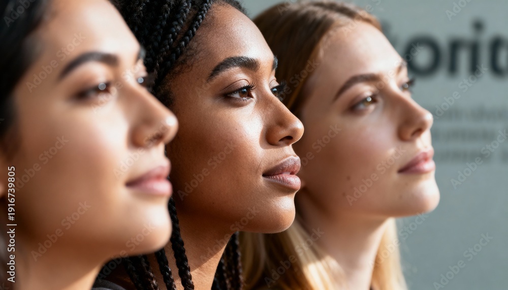 Obraz premium Three diverse women in profile looking towards the future. A multicultural group representing female empowerment, unity, and equality