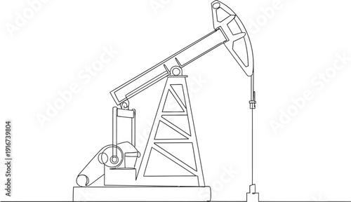 Continuous one line drawing of oil driling pumpjack. Oil pump oil rig energy industrial machine illustration. Editable vector.

