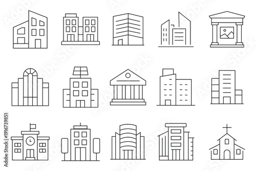 Building icons set. Thin Line style, editable stroke. city, company, government, capitol, flat. buildings, business center, company, embassy, smart city, dome of the rock, school. Editable stroke. 