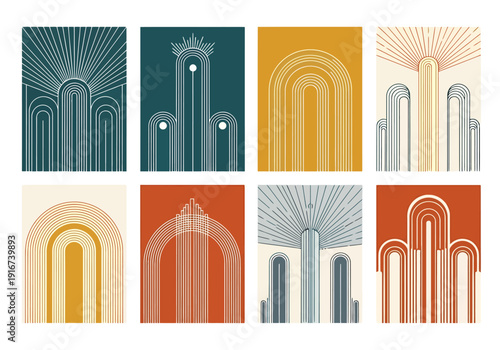 Collection of Geometric Abstract Art Pieces Featuring Arches Sunbursts and Symmetrical Designs in Muted Earth Tones for Contemporary Decor