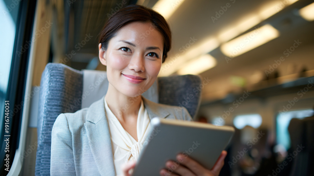 Fototapeta premium A woman smiling and holding a tablet on a train.
