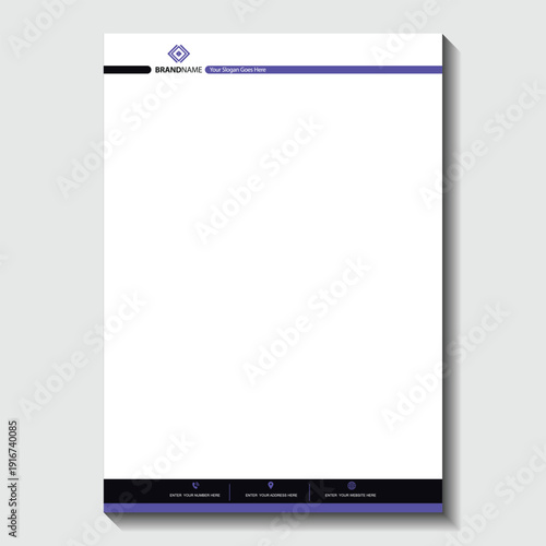 Modern business letterhead with purple accents and placeholder text