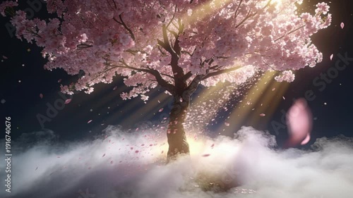Single cherry tree glowing under strong overhead sunrays, petals falling gently onto fog‑covered ground, drifting fog layers illuminated from below, deep 3D space.
