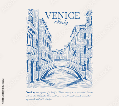 Italy venice canal hand drawn illustration for graphic tee tshirt. line art city print illustration. city print artwork.