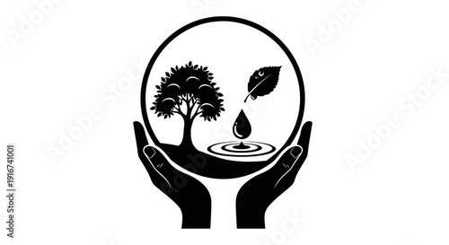 Hands cradle a globe with a tree, leaf, and water droplet, symbolizing environmental conservation efforts da 181