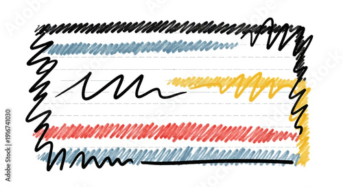Colorful scribbles fill a rectangular space with energetic lines and shapes