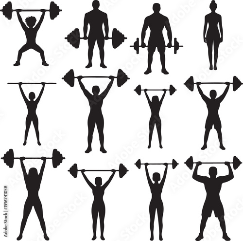 People lifting weights in various poses and exercises