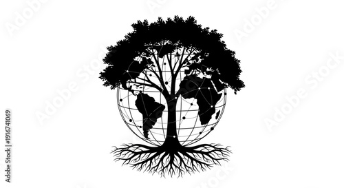 Illustration of tree roots and branches encircling the globe representing earthy connection da  (184)
