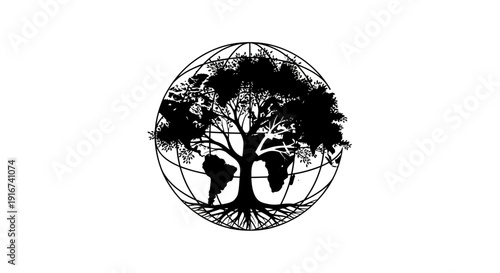A black illustration of a tree on a globe, symbolizing nature and environment, da 183