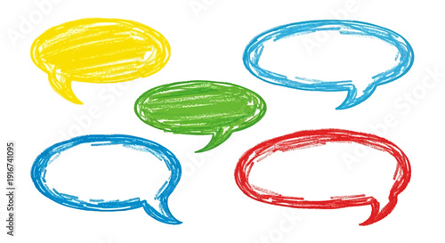 Colorful speech bubbles drawn in various shapes and sizes on white