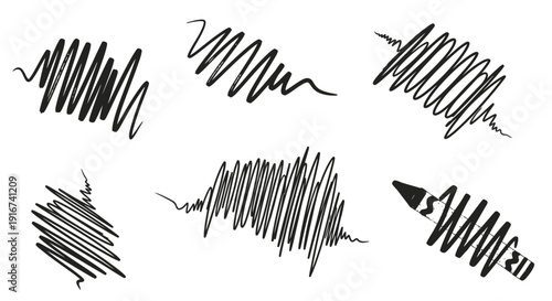 Black scribbles and lines in various artistic strokes on white