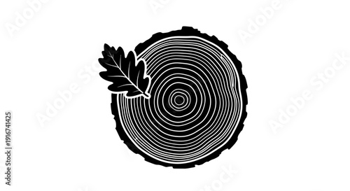 A black and white illustration of a tree stump with a leaf on da  (199) side.