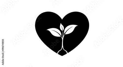 Simple black heart shape with a growing plant inside.