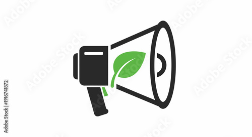 Megaphone icon with green leaf symbolizing eco-friendly announcement.