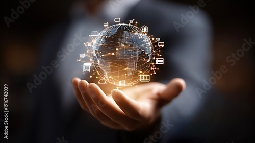 Hand holding global network with e commerce and communication icons
