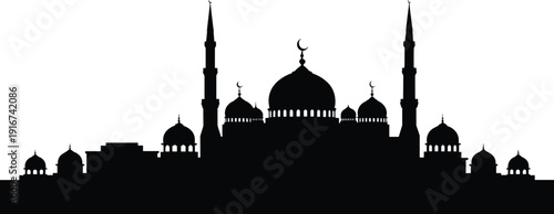 panoramic islamic mosque skyline silhouette with domes minarets and crescent symbols ramadan religious architecture black white vector