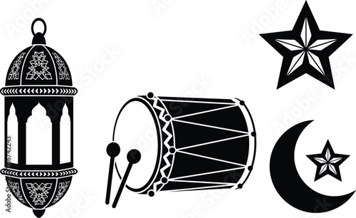 ramadan eid silhouette icon set lantern drum crescent moon star islamic religious black white vector illustration