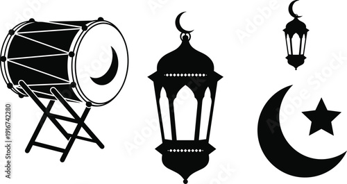 ramadan eid silhouette icon set lantern drum crescent moon star islamic religious black white vector illustration
