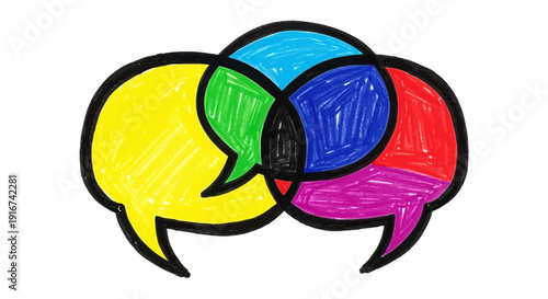 Vibrant speech bubbles in mix of colors create lively discussion scene