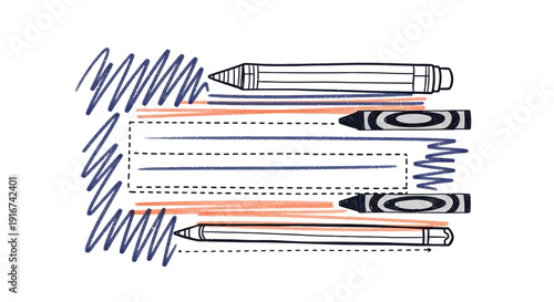 Colorful crayons and pencils arranged in a creative pattern on paper