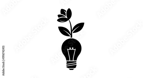 Black and white illustration of a lightbulb with leaves growing out of it.