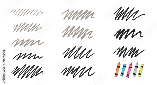 Graphic illustration of various crayon drawn lines and colorful crayons on white