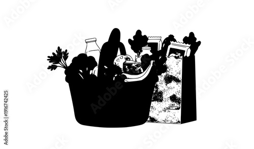 Grocery Shopping Basket and Paper Bags Filled with Fresh Food Isolated on White Background Vector Illustration