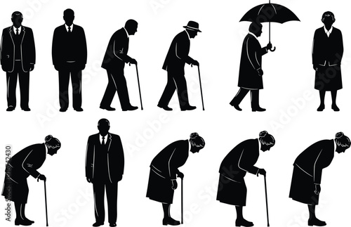 Senior Citizen Silhouette Set, Elderly People Walking with Canes and Umbrellas, Grandparents Figures Isolated on White Background