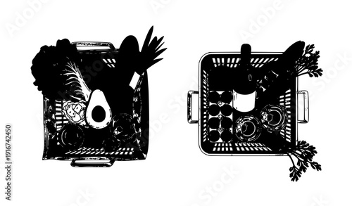 Top View Grocery Baskets and Shopping Bags Filled with Organic Food Vector Illustration on White Background