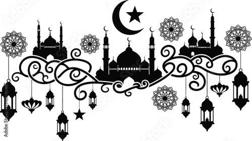 eid mubarak islamic mosque silhouette with hanging lanterns crescent moon floral ornaments ramadan black white vector illustration