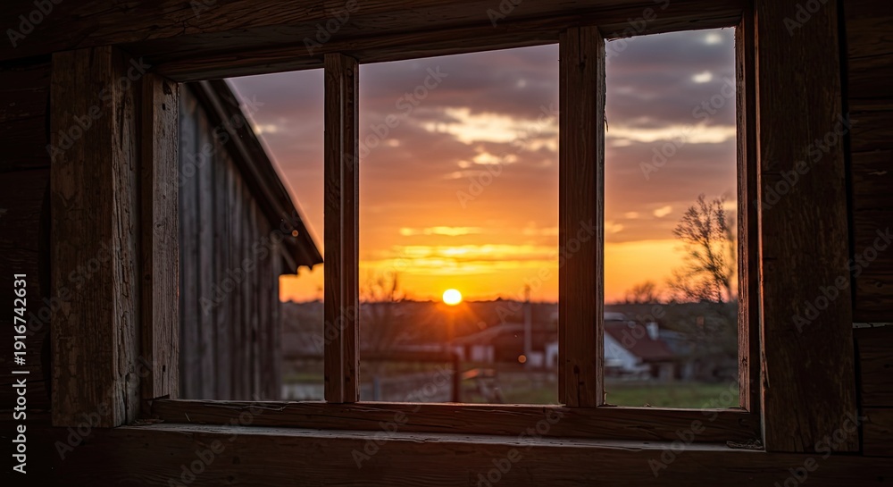 Fototapeta premium Sunset view through a window in a rustic building golden hour landscape