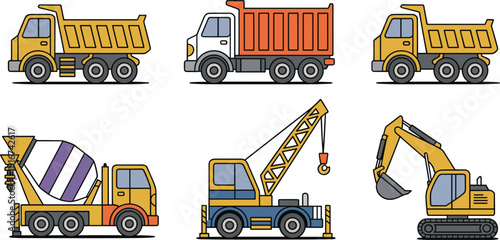 Construction truck vehicles illustration, dump truck crane excavator cement mixer set, flat vector isolated background modern design