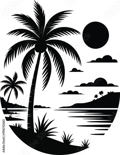 A black and white image of a tropical island