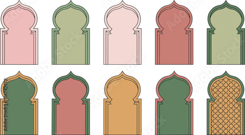 Islamic arch frame collection, arabesque window shape set, mosque mihrab doorway vector, oriental decorative border illustration bundle pack