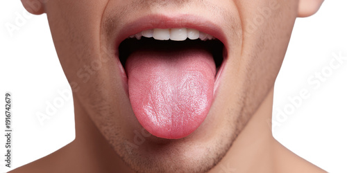 Open Mouth with Tongue: A close-up view of an open mouth, showcasing the extended tongue. The image highlights the texture and form of the tongue. 