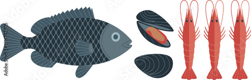 Seafood fish shrimp mussels illustration, fresh marine food collection vector, ocean ingredients isolated, flat design aquatic icon set
