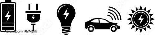 Electric energy icon set, battery, plug, light bulb, car, solar power vector illustration isolated black silhouette design collection symbols