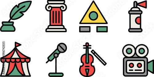 Theater entertainment icons illustration, circus stage microphone violin camera symbols set, flat vector isolated background modern design