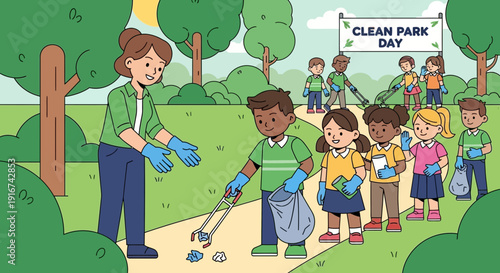 Children Participate in Park Cleanup Activity