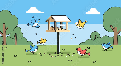 Birds Feeding at A Backyard Bird Feeder