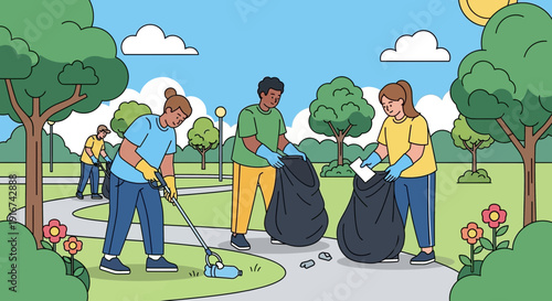 Community Park Cleanup Volunteers Collecting Litter
