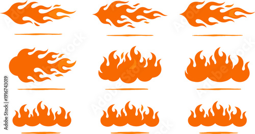 Fire flame silhouettes vector set illustration, blazing burning elements collection, orange fire shapes, heat symbols, isolated clipart bundle design